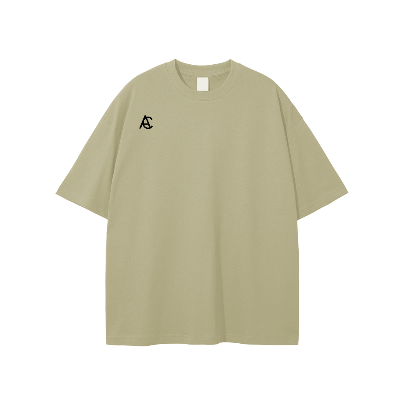 light colored classic tee with black logo