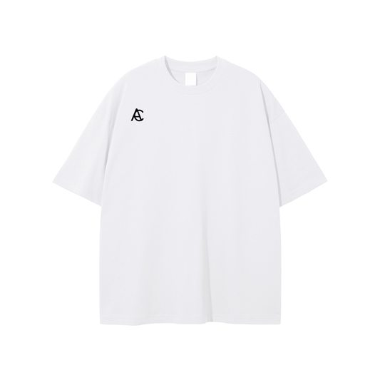 light colored classic tee with black logo